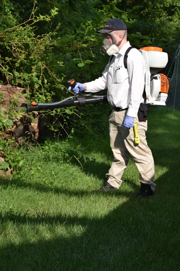 Technician in mask and uniform using a backpack mist blower for pest control in Rose Hill, Virginia.